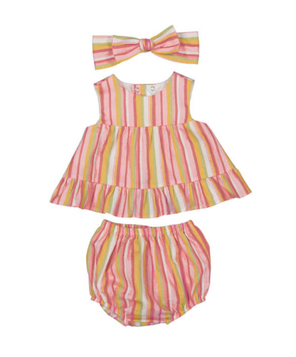 Mayoral Striped pink and green baby dress set with bloomers and headband 