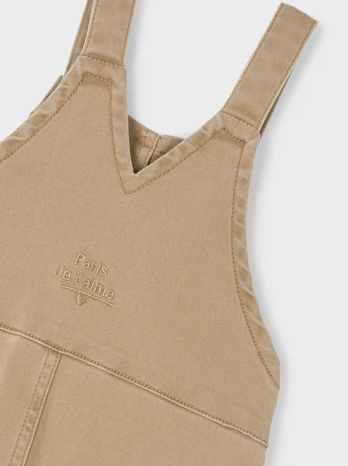 MAYORAL UNISEX Beige overalls with 'Paris Je T'aime' embroidery on a white background. GIRLS TWILL DUNGAREES - CAMEL | MAYORAL