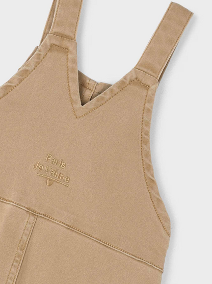 MAYORAL UNISEX Beige overalls with 'Paris Je T'aime' embroidery on a white background. GIRLS TWILL DUNGAREES - CAMEL | MAYORAL