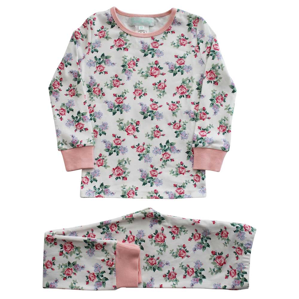A set of floral pyjamas with long sleeves and pants, featuring a green neckline and pink cuffs. GIRL'S ENGLISH GARDEN FLOWER COTTON TOP & BOTTOM PYJAMAS - 3 SIZES | POWELL CRAFT