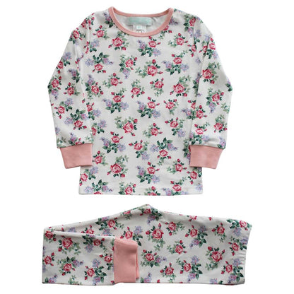 A set of floral pyjamas with long sleeves and pants, featuring a green neckline and pink cuffs. GIRL'S ENGLISH GARDEN FLOWER COTTON TOP & BOTTOM PYJAMAS - 3 SIZES | POWELL CRAFT