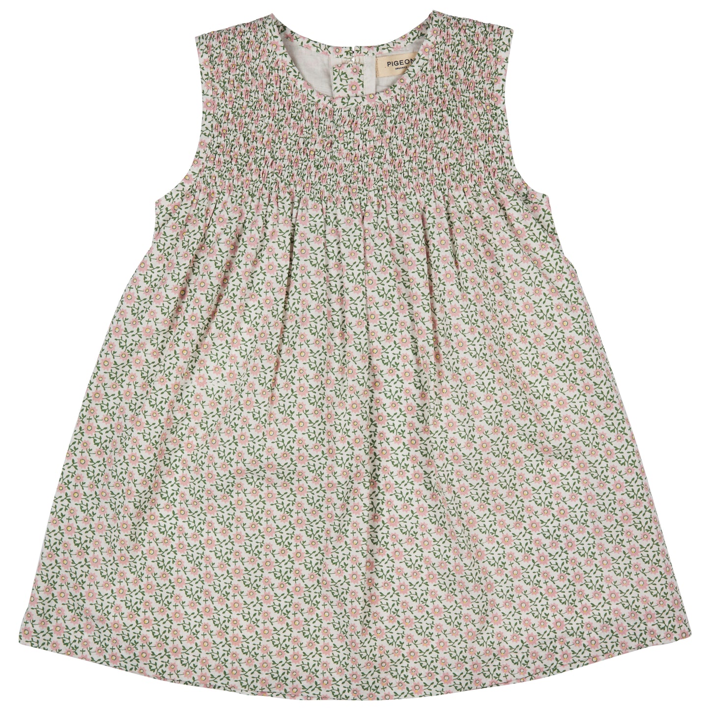 Floral dress. GIRL'S ORGANIC COTTON SLEEVELESS SMOCK DRESS - DITSTY PINK | PIGEON ORGANICS