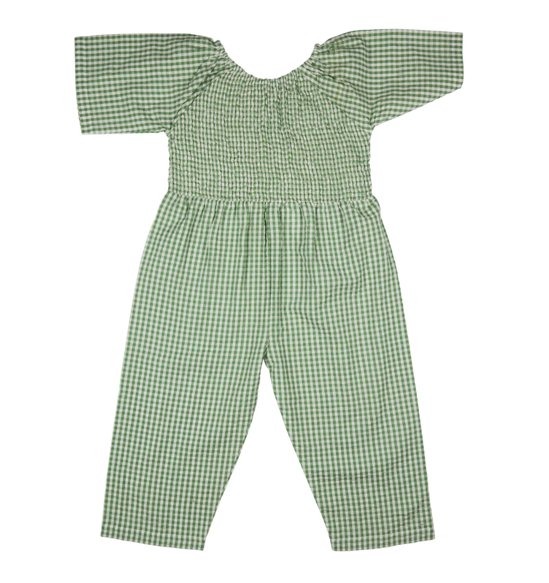 Green checkered jumpsuit. GIRL'S ORGANIC COTTON SMOCKED JUMPSUIT - GREEN | PIGEON ORGANICS