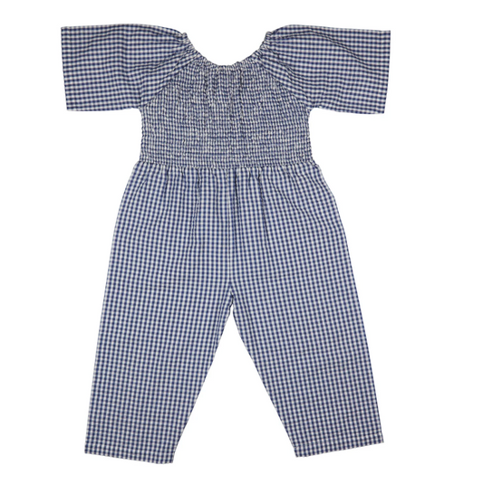 Blue and white checkered off-shoulder jumpsuit. GIRL'S ORGANIC COTTON SMOCKED JUMPSUIT - NAVY | PIGEON ORGANICS