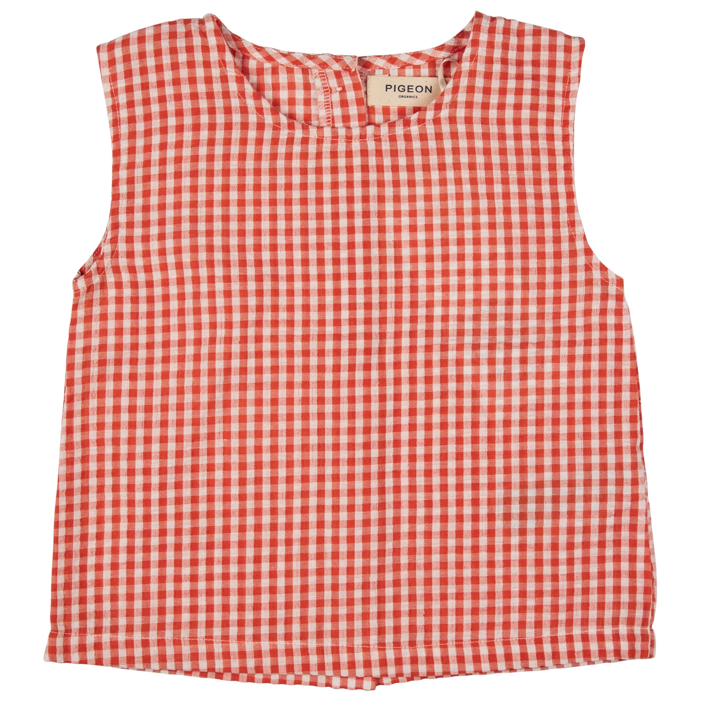 Red and white checkered sleeveless top with 'Pigeon' label. GIRL'S ORGANIC COTTON SUMMER TOP - ORANGE GINGHAM | PIGEON ORGANICS