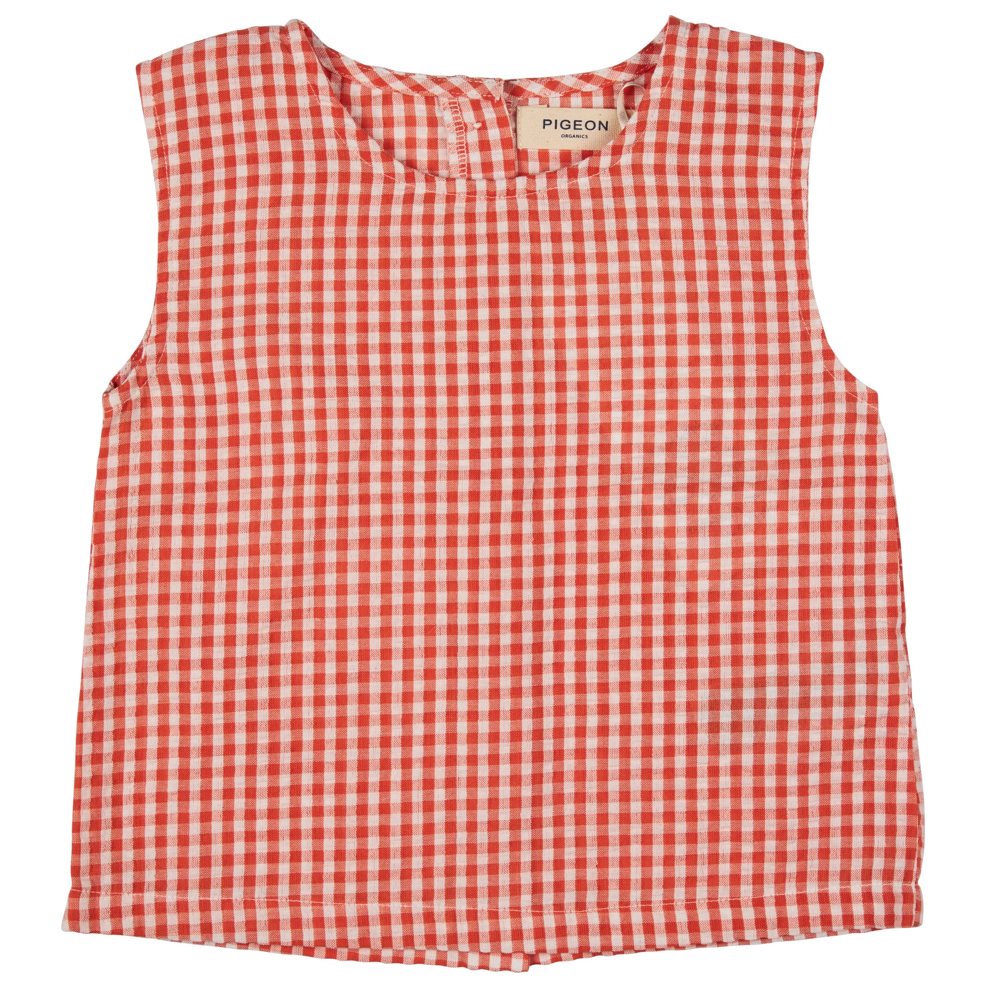 Red and white checkered sleeveless top with 'Pigeon' label. GIRL'S ORGANIC COTTON SUMMER TOP - ORANGE GINGHAM | PIGEON ORGANICS