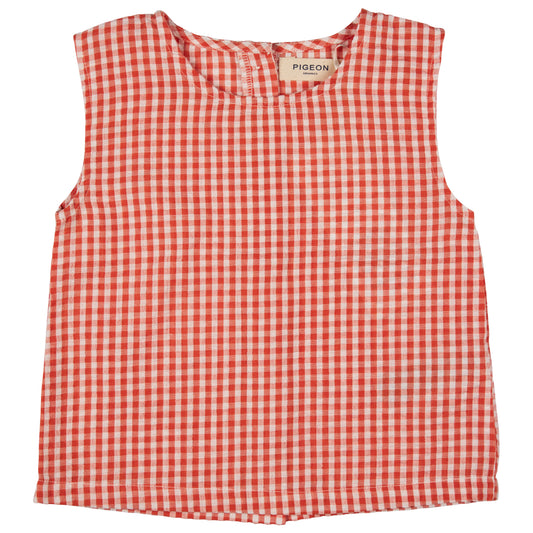 Red and white checkered sleeveless top with 'Pigeon' label. GIRL'S ORGANIC COTTON SUMMER TOP - ORANGE GINGHAM | PIGEON ORGANICS