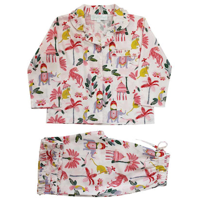 A set of long pyjamas with a tropical print featuring animals such as tigers and elephants, and flora such as palms and lotus flowers, on a white background. The pyjamas have long sleeves and a drawstring waist. GIRL'S SULTAN'S GARDEN LONG COTTON PYJAMAS - 3 SIZES | POWELL CRAFT