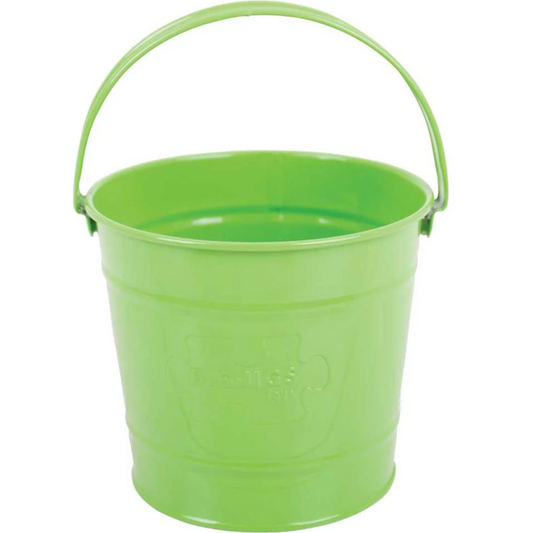 A green steel bucket with a riveted swivel handle, suitable for children's gardening activities. GREEN METAL BUCKET | BIGJIGS