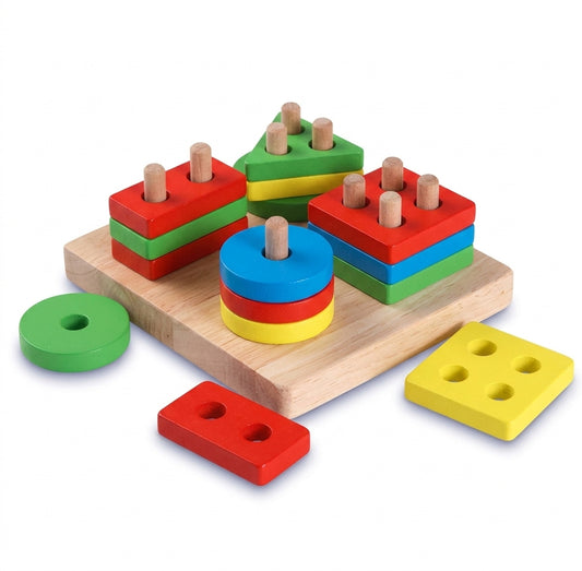 PlayWrite Retro Wooden Stacking Shape Sorter toy on white background; colourful red, green, blue and yellow geometric shapes stacked on a natural wood base board with four wooden pegs; loose circle and rectangle pieces shown beside the board