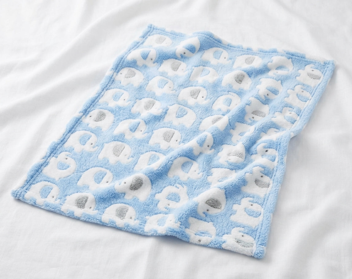 Snuggle Baby blue elephant cosy baby wrap — soft shaggy plush fleece wrap in baby blue with all-over raised 3D white elephant print with grey ear details and stitched border edge, laid flat on a white surface
