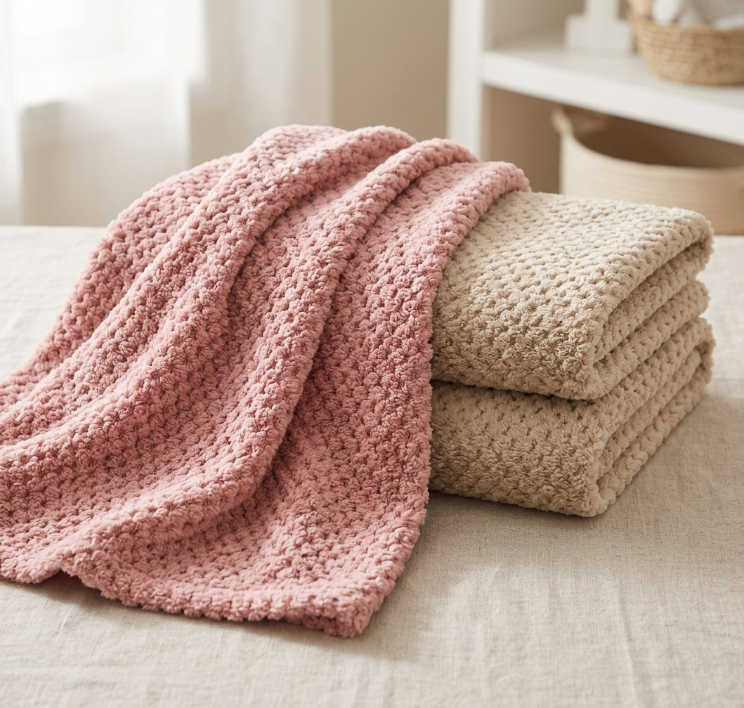 Snuggle Baby rosey pink cosy baby wrap — soft dusty rose pink wrap with chunky popcorn bobble texture and ribbed border edge, draped over a folded cream wrap of the same style in a bright nursery setting