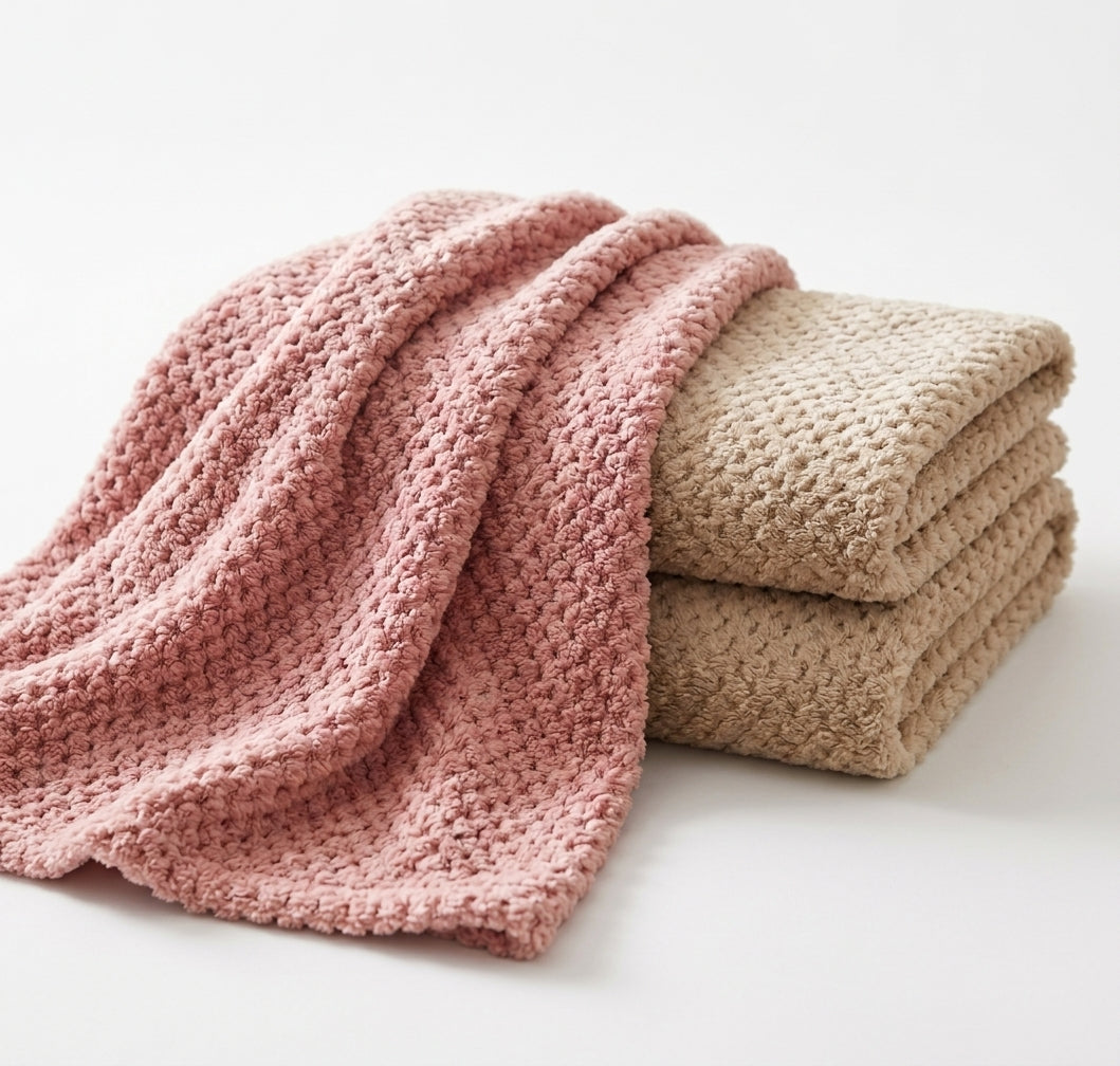 Snuggle Baby rosey pink cosy baby wrap — close-up showing the chunky popcorn bobble texture and ribbed border edge of the dusty rose pink wrap, draped alongside a folded cream wrap of the same style, on white background