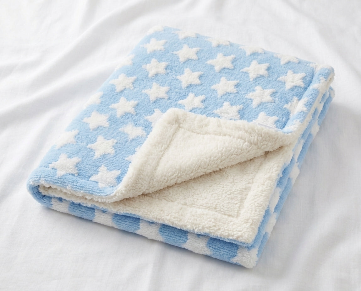 Snuggle Baby textured star double sided baby wrap — folded wrap showing baby blue shaggy plush front with raised white star pattern, with corner turned back to reveal the plain cream sherpa fleece reverse, laid on a white surface