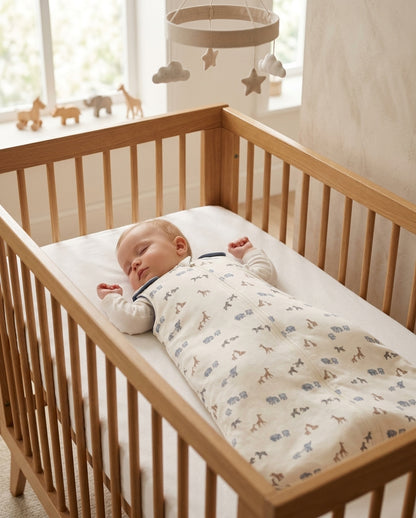 Sleeping baby, approximately 3–5 months, in a natural oak slatted cot on white fitted sheet; cream safari print sleeping bag with bluebell collar lining and silver zip visible; cream ribbed bodysuit sleeves and fists raised above the collar; oat-coloured cot mobile with felt clouds and brass stars hanging from ceiling against a bright window; a row of small wooden natural safari animal figures (giraffe, elephant, zebra) arranged along the cot rail — a wonderful prop detail that echoes the bag's print; warm 
