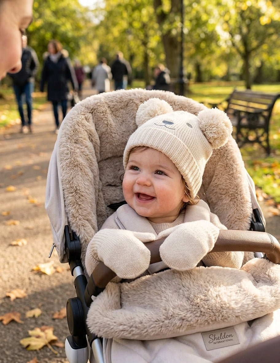 Smiling baby wearing the Snuggle Baby Teddy Knit Hat and Mittens Set in oatmeal-cream, seated in a pram during an autumn park walk on a sunny day with golden-leaved trees in the background; pom-pom bear ears and embroidered teddy bear face visible on the hat; matching knit mittens on the baby's hands; parent visible to the left; other park visitors blurred in the background