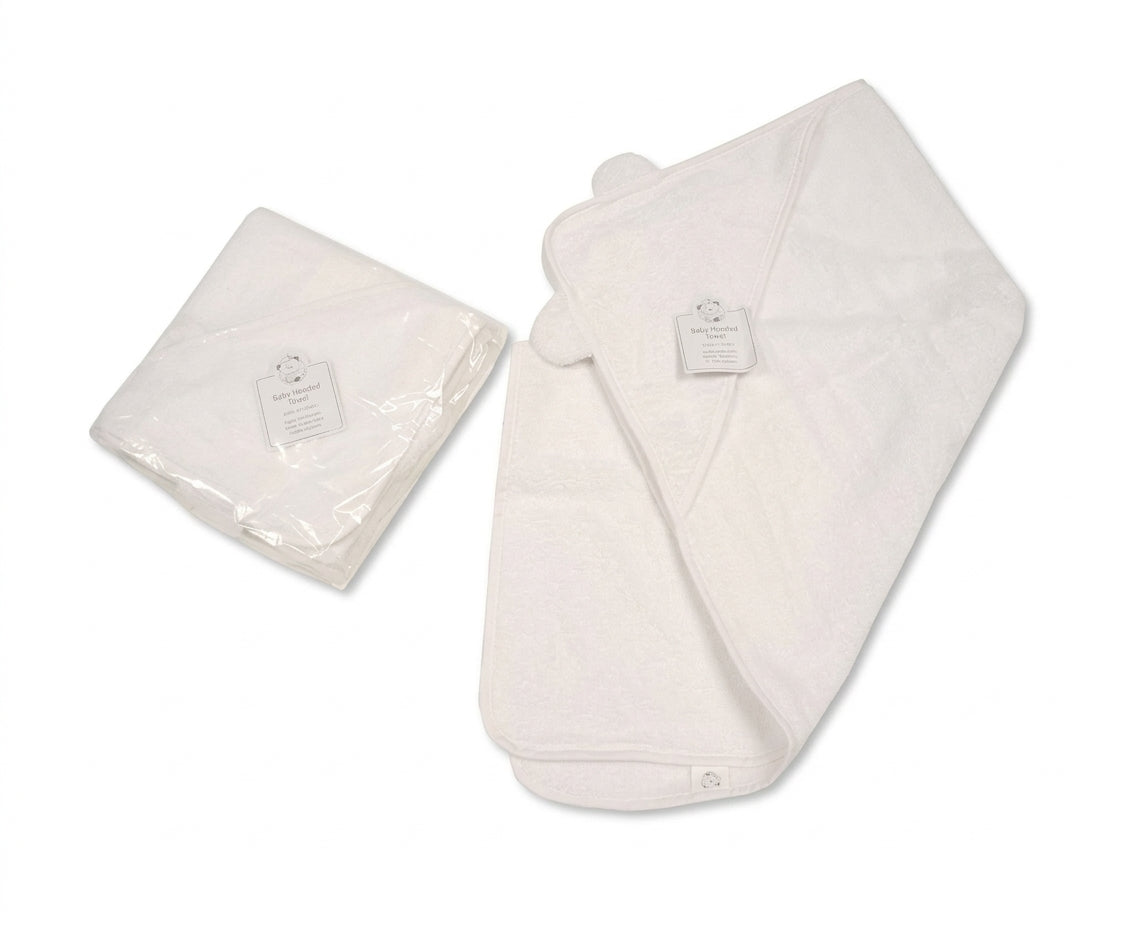 Snuggle Baby 100% Cotton Baby Hooded Towel with Ears shown on a white background; the towel laid flat in bright white fluffy cotton terry with the bear-ear hood at the top centre, two small rounded ears protruding from the peak of the triangular hood; a Snuggle Baby swing tag attached to the hood; a folded version in its clear polybag retail packaging with a matching swing tag shown to the left