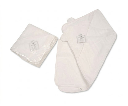 Snuggle Baby 100% Cotton Baby Hooded Towel with Ears shown on a white background; the towel laid flat in bright white fluffy cotton terry with the bear-ear hood at the top centre, two small rounded ears protruding from the peak of the triangular hood; a Snuggle Baby swing tag attached to the hood; a folded version in its clear polybag retail packaging with a matching swing tag shown to the left