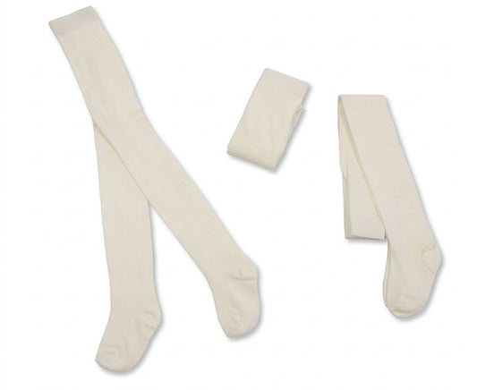 Nursery Time Super Soft Cotton Cream Tights shown on a white background in three presentations: a full pair laid out flat on the left showing the full leg and foot length, a small folded pair in the centre, and a partial pair laid diagonally on the right; all in warm cream or ivory with a smooth fine-knit fabric and a plain unembellished finish throughout