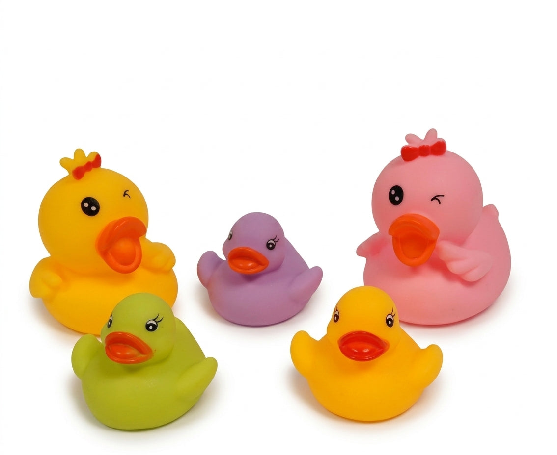 Snuggle Baby Family of Ducks Bath Toys set of five colourful vinyl rubber ducks shown on a white background; two larger parent ducks — one sunshine-yellow with a small orange crown and one bright pink with a small red bow — and three smaller ducklings in lime or apple-green, soft lavender-purple and golden yellow; all five have rounded squeaky-duck bodies with small wing stubs, orange beaks and cartoon eyes with lashes; arranged in a loose group facing slightly different directions
