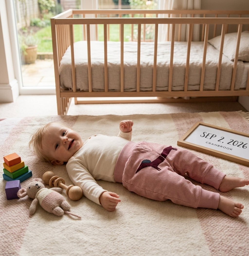 Baby, approximately 8–10 months, lying on a cream rug in a bright airy room; blush cord trousers clearly shown with the spanning plum dachshund embroidery across both legs; cream ribbed top; bare feet; wooden rainbow stacking rings, ring rattle and knitted bunny beside them; the Annabel's of Cranbrook "SEP 2, 2026 CRANBROOK" branded date board to the right; natural oak cot and garden sliding doors in the background; warm natural daylight.