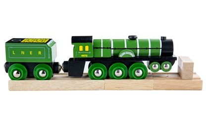Green toy train with 'LNER' branding. HERITAGE COLLECTION FLYING SCOTSMAN WOODEN TRAIN | BIGJIGS RAIL