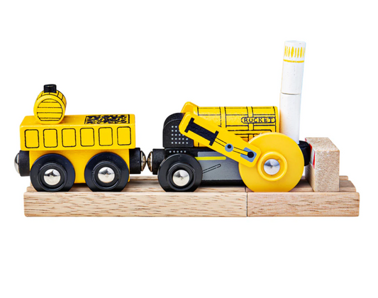 Toy construction vehicle on a wooden platform. HERITAGE COLLECTION ROCKET ENGINE TRAIN | BIGJIGS RAIL