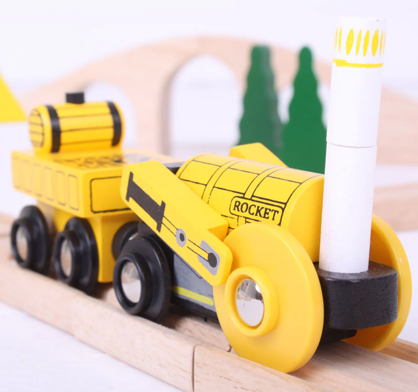 Toy rocket on a wooden track. HERITAGE COLLECTION ROCKET ENGINE TRAIN | BIGJIGS RAIL