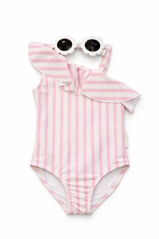 RUFFLE SWIMSUIT WITH SUNGLASSES SET - PINK STRIPE | NURSERY TIME