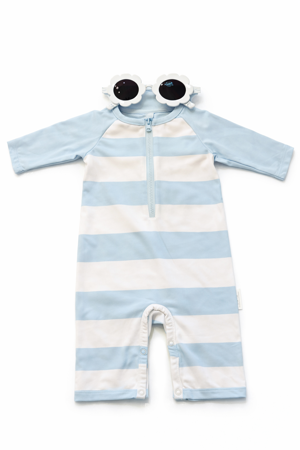 ZIP UP TODDLER SWIMSUIT WITH SUNGLASSES - BLUE STRIPE | NURSERY TIME