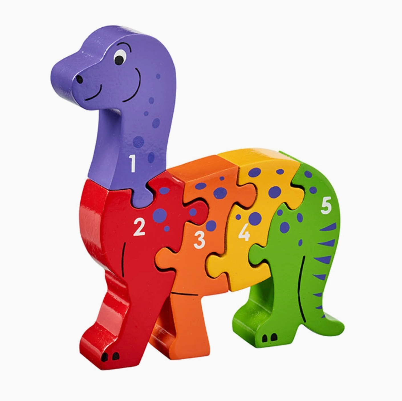 Colorful dinosaur-shaped puzzle toy with numbers on a white background INOSAUR 1-5 PUZZLE - HANDMADE & FAIR TRADE | LANKA KADE 
