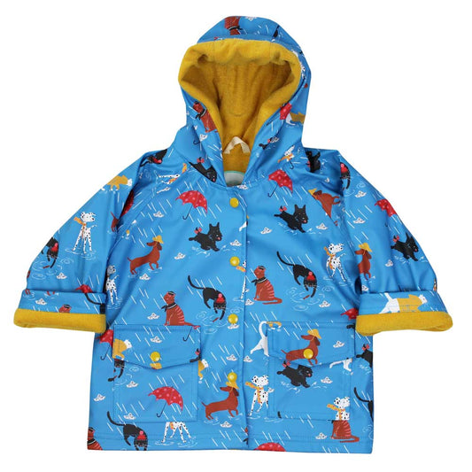 A blue hooded raincoat with a print of various cartoon animals wearing raincoats and sou'wester hats, and the inside lined with mustard yellow.  IT'S RAINING CATS & DOGS LINED RAINCOAT - 4 SIZES | POWELL CRAFT
