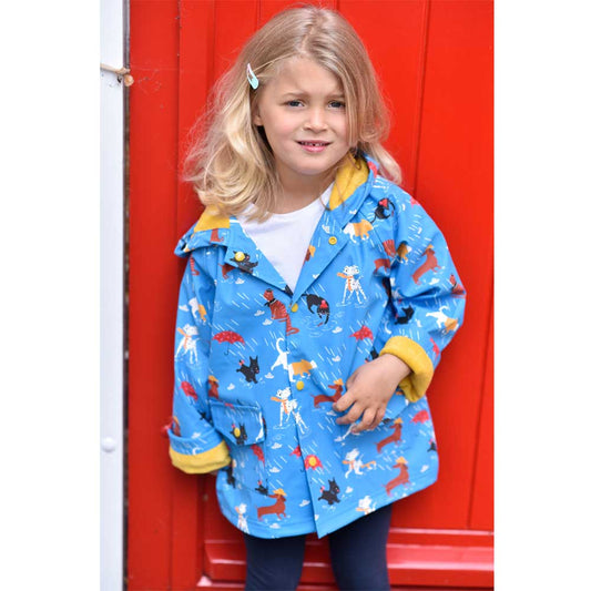 Child wearing a blue coat with colorful patterns, standing against a red background.  IT'S RAINING CATS & DOGS LINED RAINCOAT - 4 SIZES | POWELL CRAFT