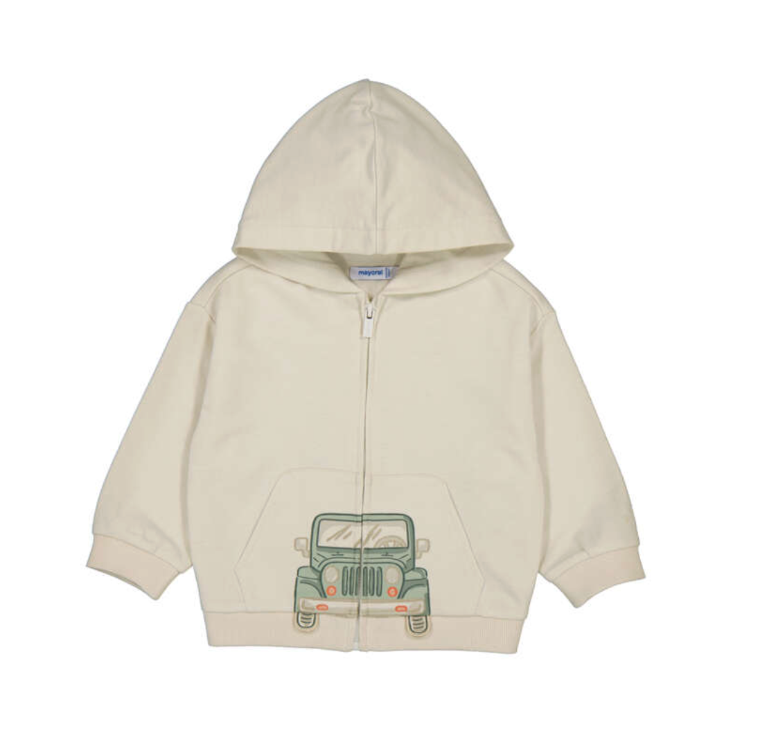 Kids Beige zip up hoodie with a car design on a white background