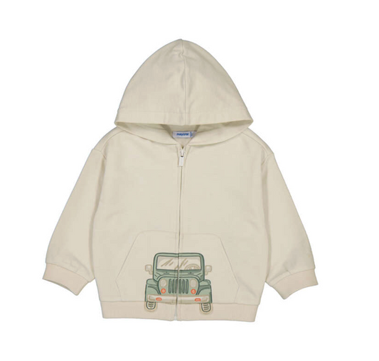 Kids Beige zip up hoodie with a car design on a white background