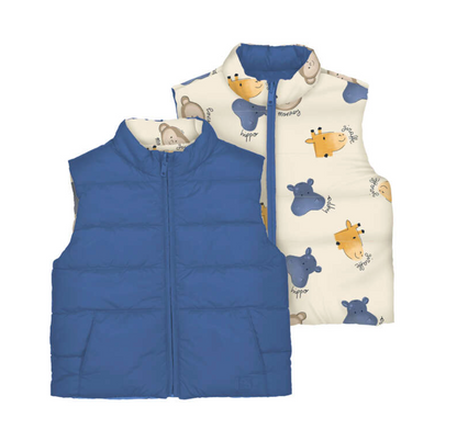 Kids Mayoral reversible Blue puffer vest and patterned vest with animal design on a white background