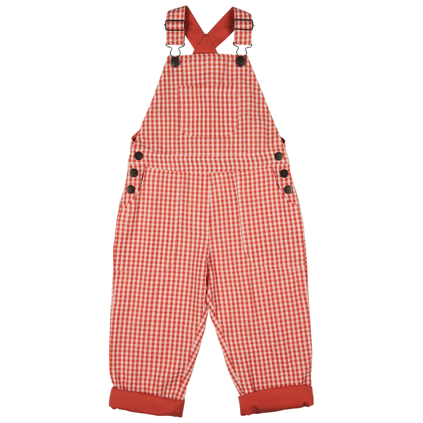Red and white checkered overalls with suspenders. KID' SORGANIC COTTON WORKER DUNGAREEES - ORANGE CHECK | PIGEON ORGANICS
