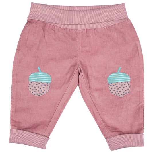 Pink baby pants with acorn designs. KID'S CORDUROY TROUSERS - PINK ACORN | PIGEON ORGANICS