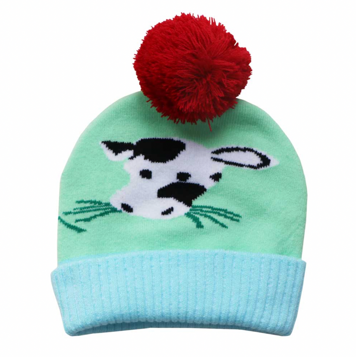 Children's hat with cow design and red pom-pom. KID'S COW FARMYARD KNIT HAT WIHT POM-POM | POWELL CRAFT