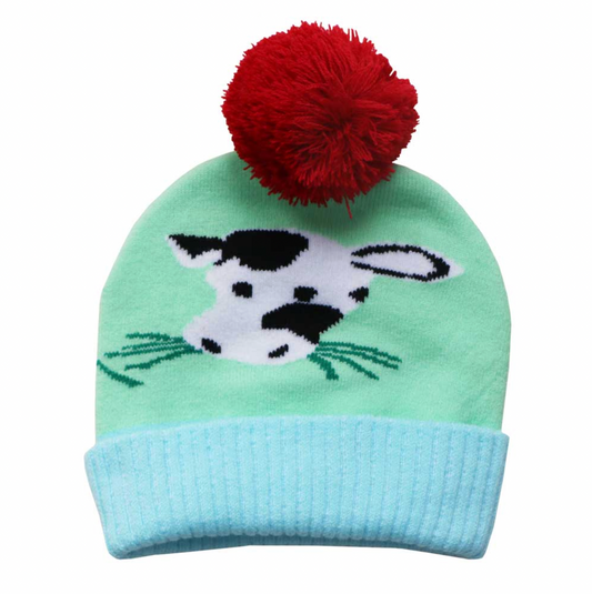Children's hat with cow design and red pom-pom. KID'S COW FARMYARD KNIT HAT WIHT POM-POM | POWELL CRAFT