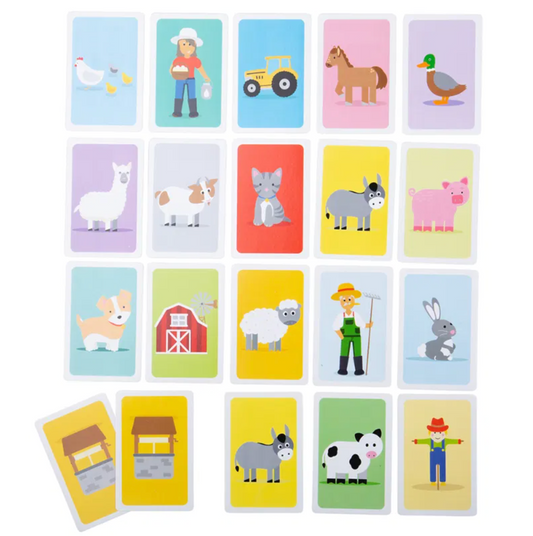 Set of children's flashcards with farm animals and related items. KID'S FARMYARD DONKEY CARD GAME | BIGJIGS
