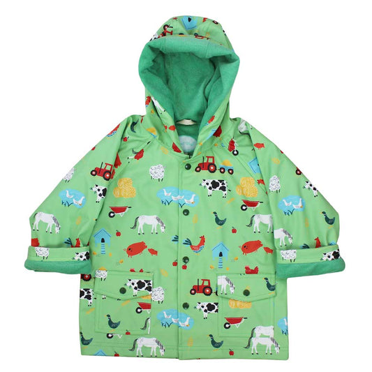 A green hooded raincoat with a farmyard print including various animals, tractors, hay bales, and hen houses. KID'S FARMYARD LINED RAINCOAT - 4 SIZES | POWELL CRAFT