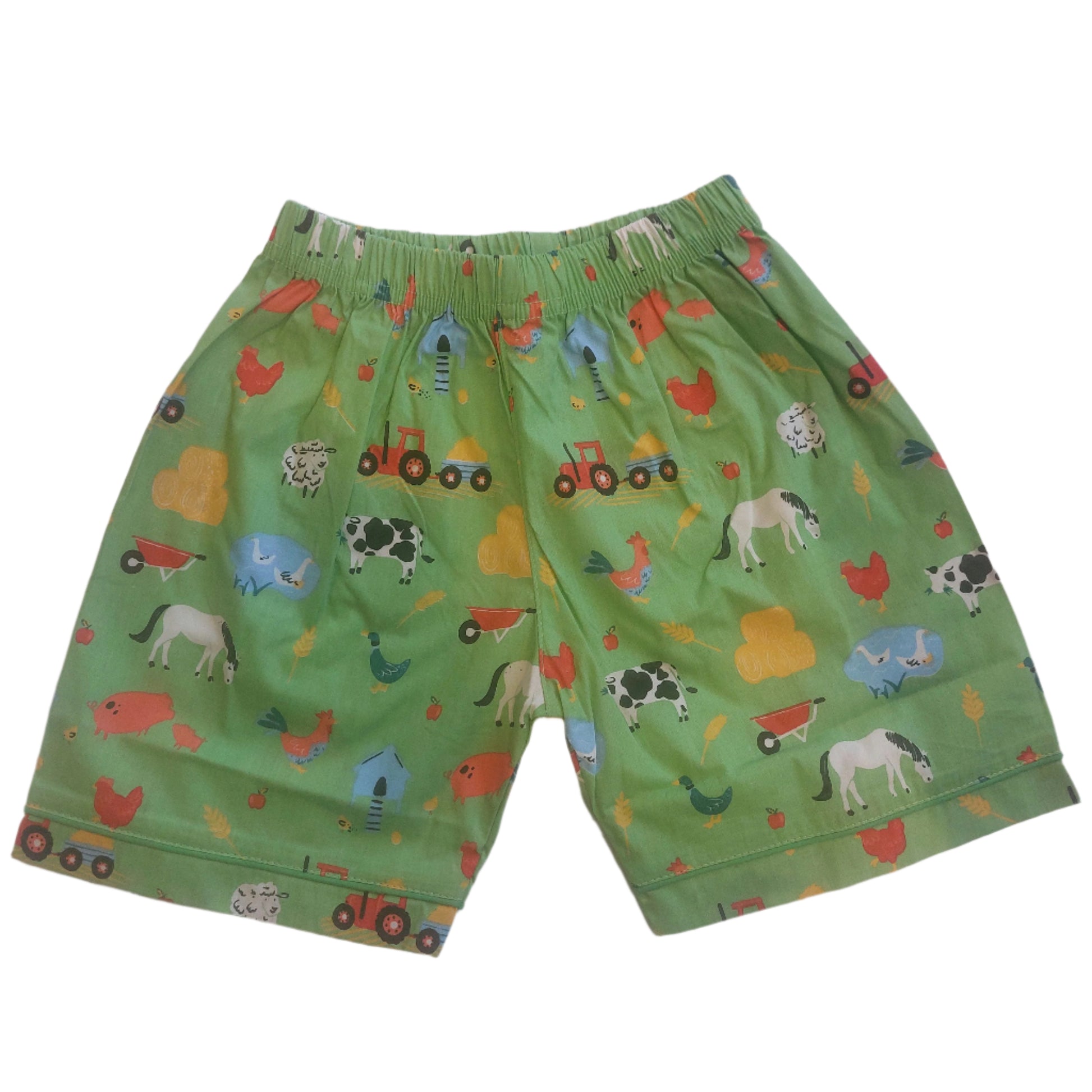 Green children's shorts with farm animal and tractor pattern. KID'S FARMYARD SHORTS & TOP PYJAMA SET - 3 SIZES | POWELL CRAFT