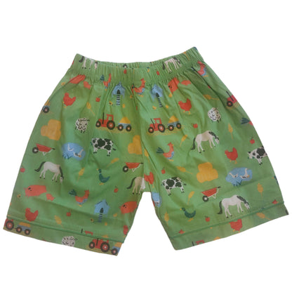 Green children's shorts with farm animal and tractor pattern. KID'S FARMYARD SHORTS & TOP PYJAMA SET - 3 SIZES | POWELL CRAFT