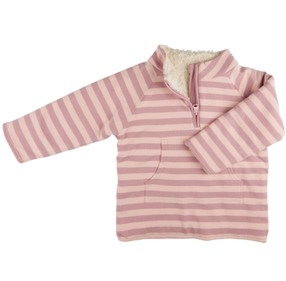 Pigeon Organics Kid's Fleece-Lined Quarter-Zip Top in Pink Breton Stripe — front flat-lay on white background; long-sleeve pullover top in blush pink and dusky/mauve rose horizontal Breton stripe organic cotton; high funnel/stand collar with cream/natural fleece lining clearly visible at the top of the collar; quarter-zip front closure with a pink zip pull running from the collar down to the chest; front kangaroo-style pouch pocket at the hem; long sleeves with flat cuffs; stripes run horizontally across th