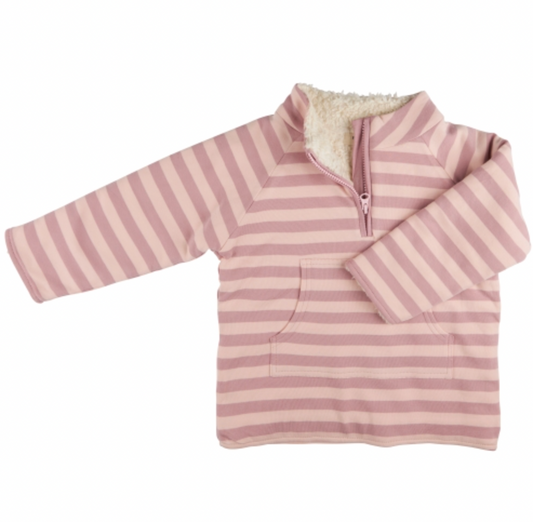 Pigeon Organics Kid's Fleece-Lined Quarter-Zip Top in Pink Breton Stripe — front flat-lay on white background; long-sleeve pullover top in blush pink and dusky/mauve rose horizontal Breton stripe organic cotton; high funnel/stand collar with cream/natural fleece lining clearly visible at the top of the collar; quarter-zip front closure with a pink zip pull running from the collar down to the chest; front kangaroo-style pouch pocket at the hem; long sleeves with flat cuffs; stripes run horizontally across th