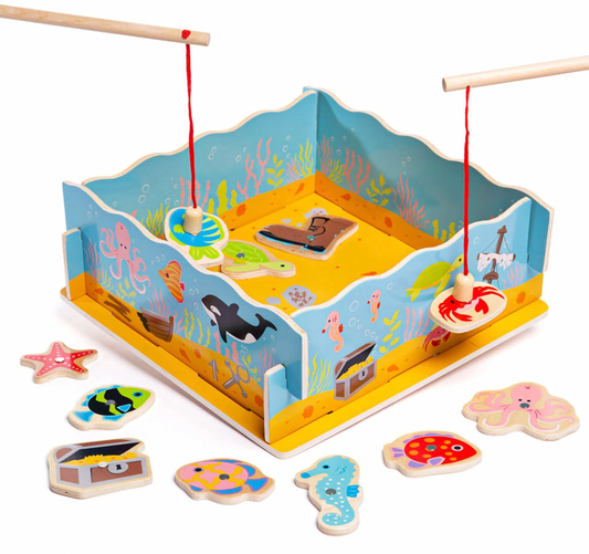 Wooden fishing game with colorful fish and ocean-themed box. KID'S MAGNETIC WOODEN FISHING GAME | BIGJIGS