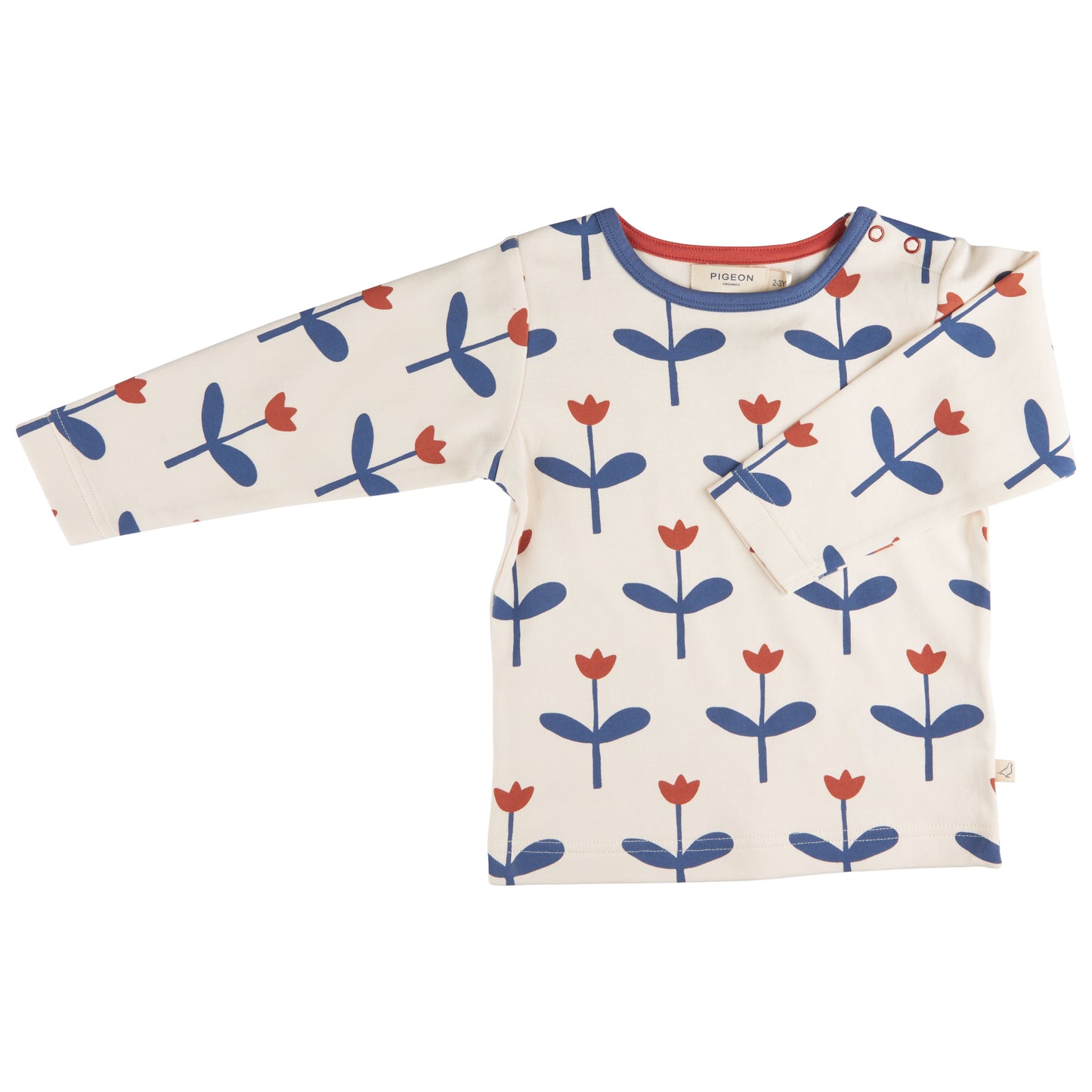A long sleeve blue T-shirt with a pattern of TUPLIPS on a IVORY background.