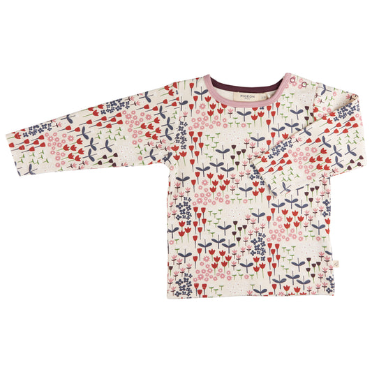A long sleeve blue T-shirt with MEADOW. KID'S ORGANIC COTTON LONG SLEEVE T-SHIRT - MEADOW| PIGEON ORGANICS