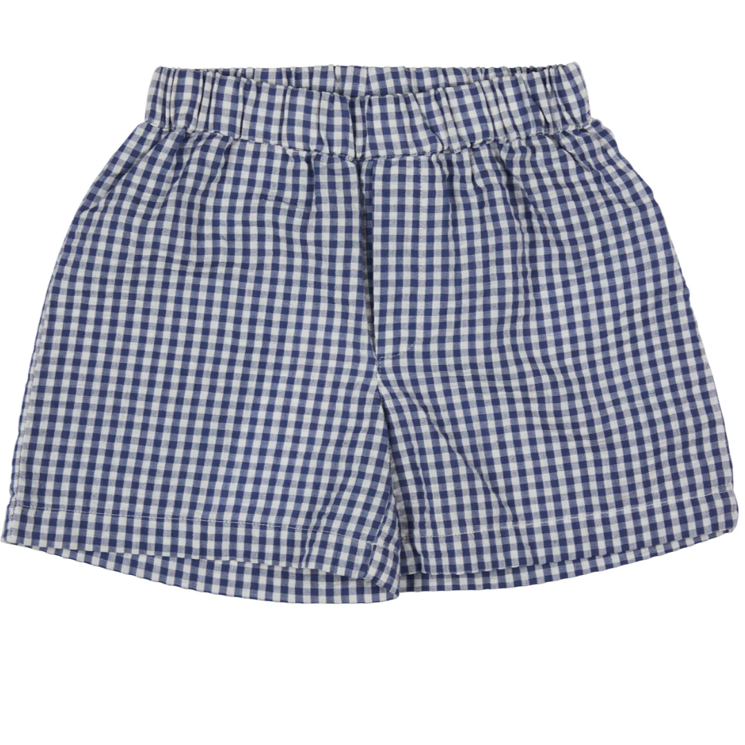 Blue and white checkered shorts. KID'S ORGANIC COTTON SEERSUCKER SUMMER SHORTS - NAVY | PIGEON ORGANICS